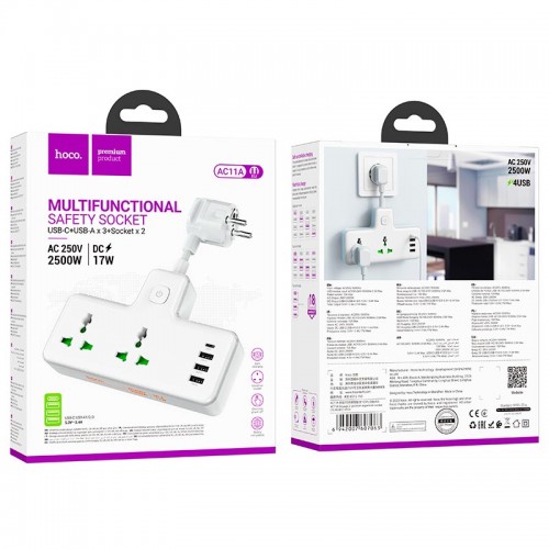 Подовжувач HOCO Voyage 2-position expansion socket AC11A |3USB/Type-C, 10A| black