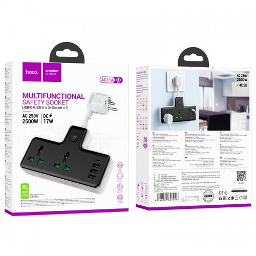 Подовжувач HOCO Voyage 2-position expansion socket AC11A |3USB/Type-C, 10A| black