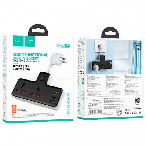 Подовжувач HOCO Reise 2-position expansion socket AC12A |3USB/Type-C, PD/QC, 30W/10A| white