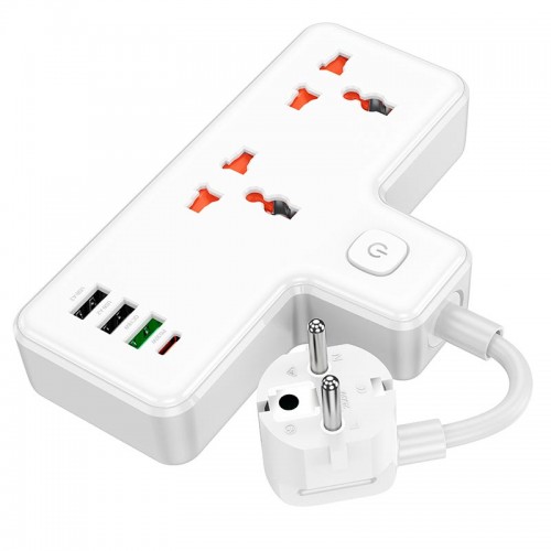 Подовжувач HOCO Reise 2-position expansion socket AC12A |3USB/Type-C, PD/QC, 30W/10A| white
