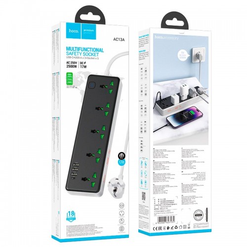 Подовжувач Hoco Talento 5-position socket AC13A |3USB/Type-C, 10A| white