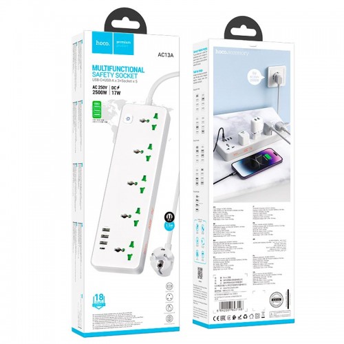 Подовжувач Hoco Talento 5-position socket AC13A |3USB/Type-C, 10A| white