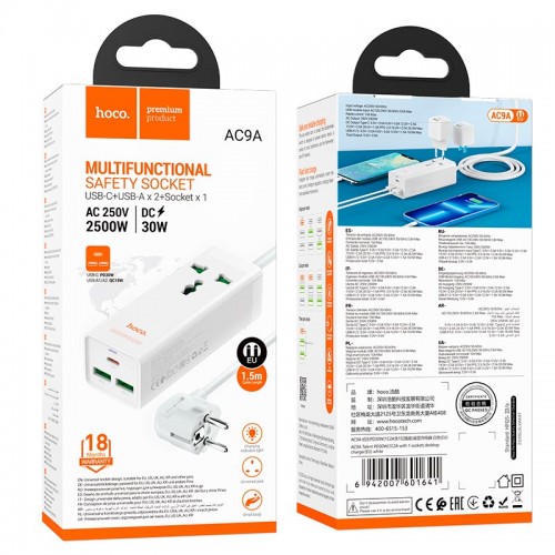 Подовжувач Hoco Talent desktop charger AC9A |2USB/Type-C, PD/QC, 30W/10A| white