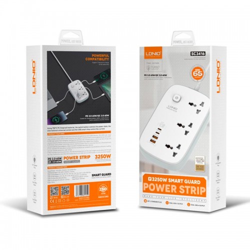 Подовжувач мережевий LDNIO SC3416 |2USB/2Type-C, 3Sockets. QC/PD, 65W/5A, 2m EU Plug| white