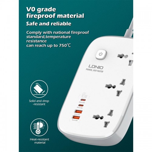 Подовжувач мережевий LDNIO SC3416 |2USB/2Type-C, 3Sockets. QC/PD, 65W/5A, 2m EU Plug| white