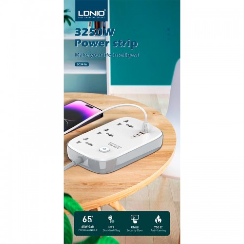 Подовжувач мережевий LDNIO SC3416 |2USB/2Type-C, 3Sockets. QC/PD, 65W/5A, 2m EU Plug| white