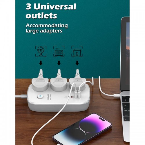 Подовжувач мережевий LDNIO SC3416 |2USB/2Type-C, 3Sockets. QC/PD, 65W/5A, 2m EU Plug| white