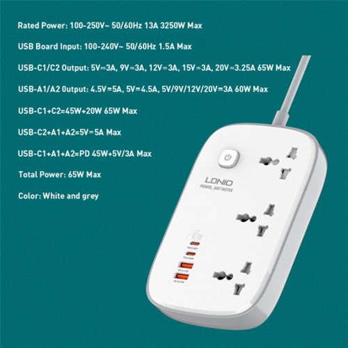 Подовжувач мережевий LDNIO SC3416 |2USB/2Type-C, 3Sockets. QC/PD, 65W/5A, 2m EU Plug| white