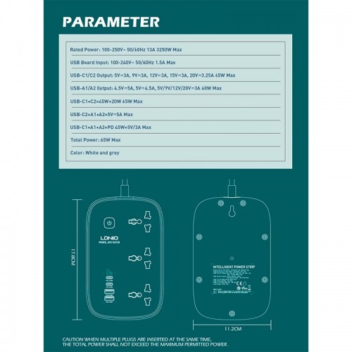 Подовжувач мережевий LDNIO SC3416 |2USB/2Type-C, 3Sockets. QC/PD, 65W/5A, 2m EU Plug| white
