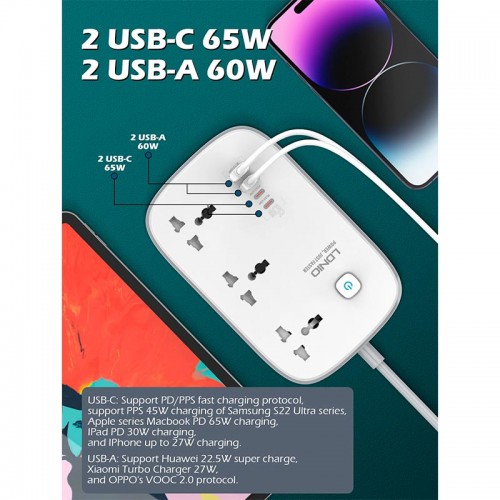 Подовжувач мережевий LDNIO SC3416 |2USB/2Type-C, 3Sockets. QC/PD, 65W/5A, 2m EU Plug| white