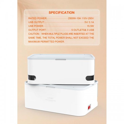 Подовжувач мережевий LDNIO Management Power Strip Box SN5310 |3USB, QC, 5 Sockets, 15.5W/10A| white