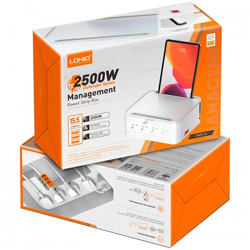 Подовжувач мережевий LDNIO Management Power Strip Box SN5310 |3USB, QC, 5 Sockets, 15.5W/10A| white