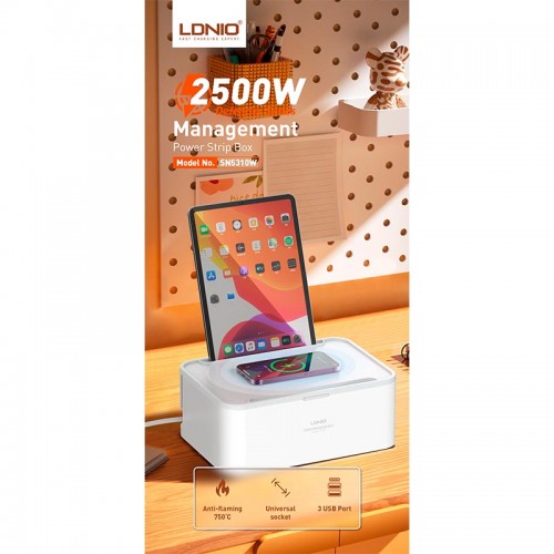 Подовжувач мережевий LDNIO Management Power Strip Box SN5310W |15W Qi/1Type-C/2USB, QC/PD, 5 Sockets, 30W/10A| white