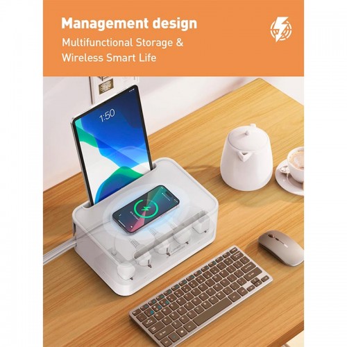 Подовжувач мережевий LDNIO Management Power Strip Box SN5310W |15W Qi/1Type-C/2USB, QC/PD, 5 Sockets, 30W/10A| white