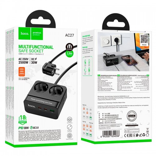 Подовжувач мережевий HOCO Descanso 2-socket PD desktop charger AC27 (L=2M) |1USB/2Type-C, 30W/3A| black