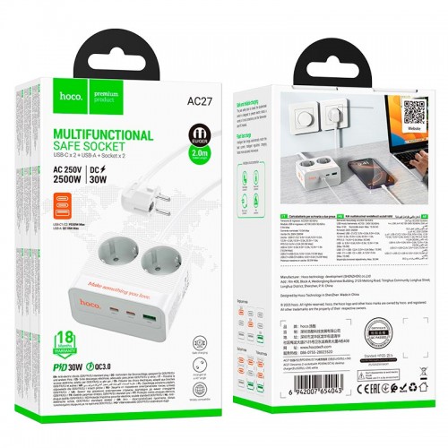 Подовжувач мережевий HOCO Descanso 2-socket PD desktop charger AC27 (L=2M) |1USB/2Type-C, 30W/3A| black