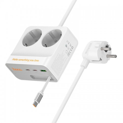 Подовжувач мережевий HOCO Descanso 2-socket PD with telescopic Type-C cable desktop charger AC28 |1USB/2Type-C, 45W/3A| white