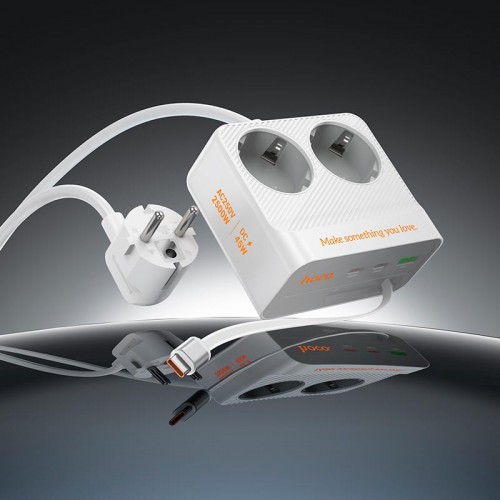 Подовжувач мережевий HOCO Descanso 2-socket PD with telescopic Type-C cable desktop charger AC28 |1USB/2Type-C, 45W/3A| white
