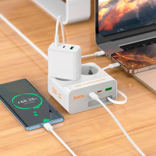 Подовжувач мережевий HOCO Descanso 2-socket PD with telescopic Type-C cable desktop charger AC28 |1USB/2Type-C, 45W/3A| white