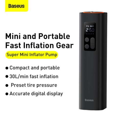 Портативний Компресор для автомобіля BASEUS Super Mini Inflator Pump |30L/Min, 12V, 150psi, 3m cable| (CRCQ000001) black