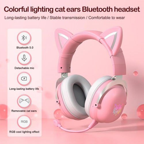 Навушники ONIKUMA Bluetooth Gaming CAT with LED B100 (B20) |BT5.0, 15-22h| pink