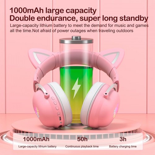 Навушники ONIKUMA Bluetooth Gaming CAT with LED B100 (B20) |BT5.0, 15-22h| pink