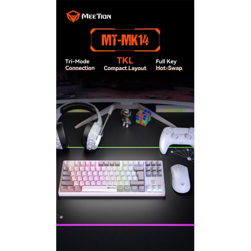 Игровая клавиатура Meetion Tri-Mode RGB с подсветкой, механическая клавиатура MK14 |BT5.0/2.4G/Проводная| (раскладки UA/ru/EN) чёрная