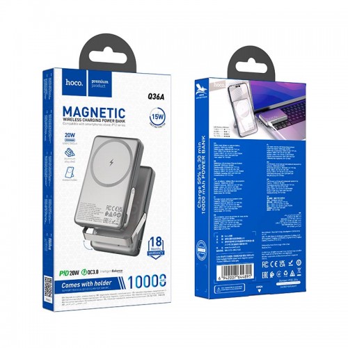 Power Bank HOCO Sunlight magnetic suction + holder Q36A 10000mAh |1Type-C, 20W/3A, PD/QC| metal-grey