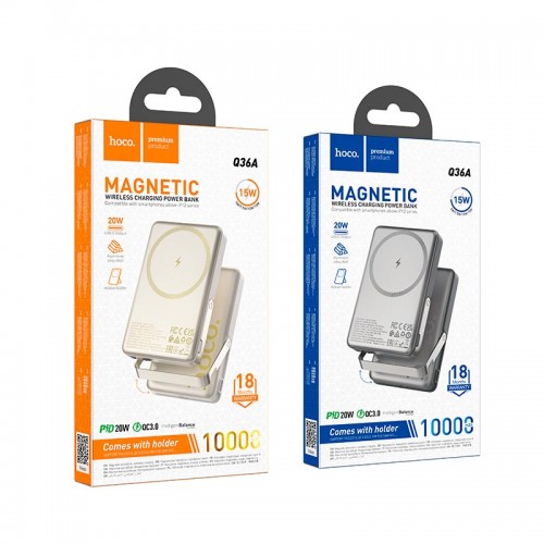 Power Bank HOCO Sunlight magnetic suction + holder Q36A 10000mAh |1Type-C, 20W/3A, PD/QC| metal-grey