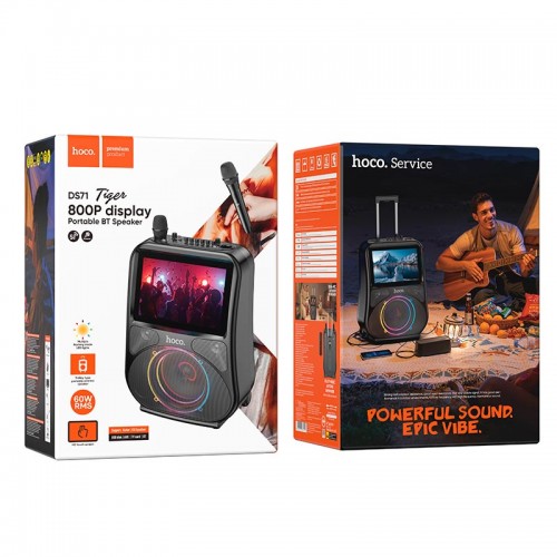 Акустика-караоке HOCO RGB outdoor karaoke BT дисплей з двома мікрофоном і дисплеєм 800p DS71 |BT5.0, USB/AUX/TF, 60W, 3h, EQ| black
