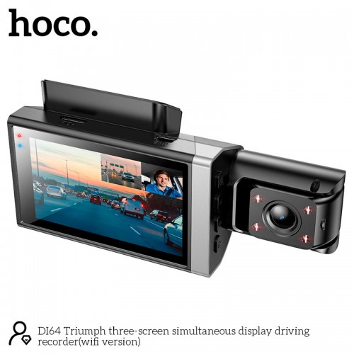 Відеореєстратор HOCO Triumph three-screen simultaneous display driving recorder DI64 (wifi version) |720p/480p+480p rear, 3"| black