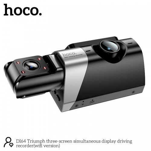Відеореєстратор HOCO Triumph three-screen simultaneous display driving recorder DI64 (wifi version) |720p/480p+480p rear, 3"| black