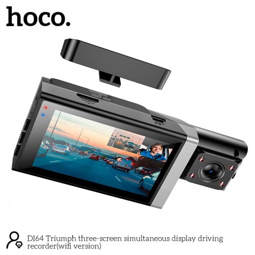 Відеореєстратор HOCO Triumph three-screen simultaneous display driving recorder DI64 (wifi version) |720p/480p+480p rear, 3"| black