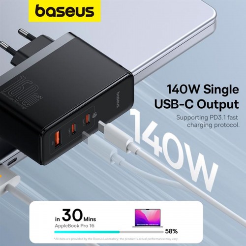 Мережевий зарядний пристрій Baseus GaN5 Pro Digital Fast Charger |2C+U, 160W/3A, PD3.1/QC| (With C to C 240W cable) Black