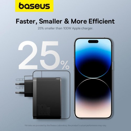 Мережевий зарядний пристрій Baseus GaN5 Pro Digital Fast Charger |2C+U, 160W/3A, PD3.1/QC| (With C to C 240W cable) Black