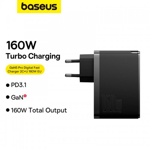 Мережевий зарядний пристрій Baseus GaN5 Pro Digital Fast Charger |2C+U, 160W/3A, PD3.1/QC| (With C to C 240W cable) Black