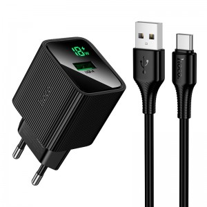 Адаптер мережевий HOCO C to C cable Excellent single port charger with digital display set CS81A |1USB, QC, 18W/3A| black