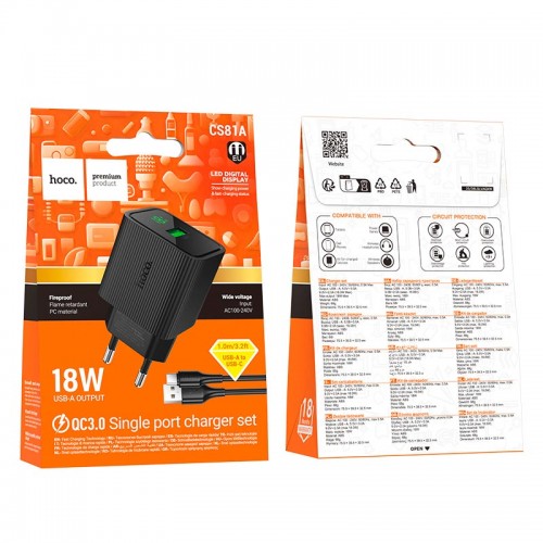 Адаптер мережевий HOCO C to C cable Excellent single port charger with digital display set CS81A |1USB, QC, 18W/3A| black