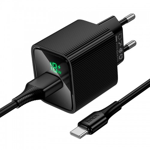 Адаптер мережевий HOCO C to C cable Excellent single port charger with digital display set CS81A |1USB, QC, 18W/3A| black