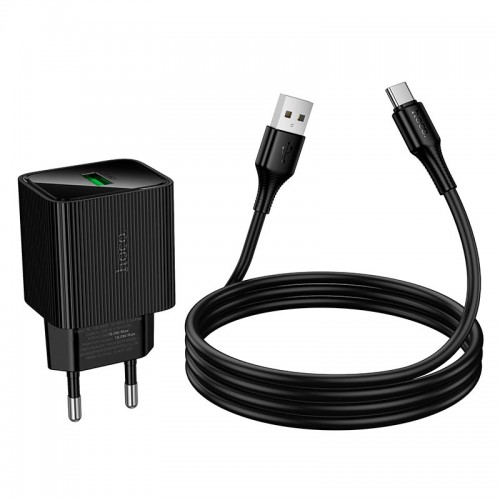 Адаптер мережевий HOCO C to C cable Excellent single port charger with digital display set CS81A |1USB, QC, 18W/3A| black
