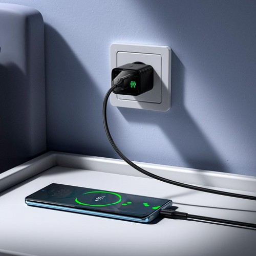 Адаптер мережевий HOCO C to C cable Excellent single port charger with digital display set CS81A |1USB, QC, 18W/3A| black