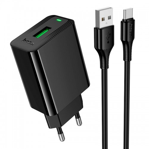 Адаптер мережний HOCO Type-C cable Leader single port charger set CS92A |1USB, 18W/3A, QC| black