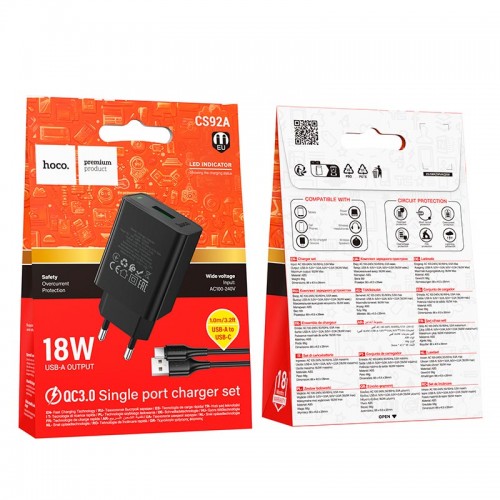 Адаптер мережний HOCO Type-C cable Leader single port charger set CS92A |1USB, 18W/3A, QC| black