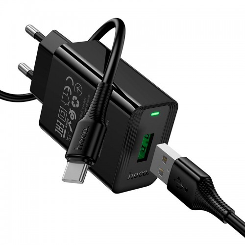 Адаптер мережний HOCO Type-C cable Leader single port charger set CS92A |1USB, 18W/3A, QC| black