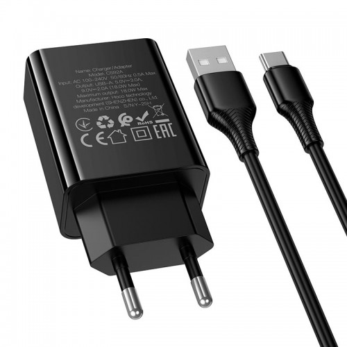 Адаптер мережний HOCO Type-C cable Leader single port charger set CS92A |1USB, 18W/3A, QC| black