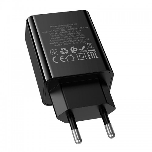 Адаптер мережний HOCO Leader single port charger CS93A |1Type-C, 20W/3A, PD| black