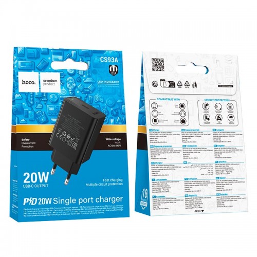 Адаптер мережний HOCO Leader single port charger CS93A |1Type-C, 20W/3A, PD| black