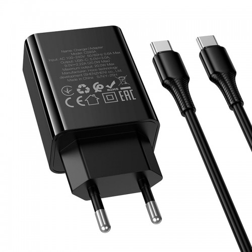 Адаптер сетевой HOCO C to C cable Leader single port charger set CS93A |1Type-C, 20W/3A, PD|