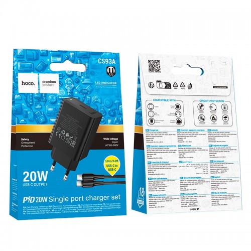 Адаптер сетевой HOCO C to C cable Leader single port charger set CS93A |1Type-C, 20W/3A, PD|