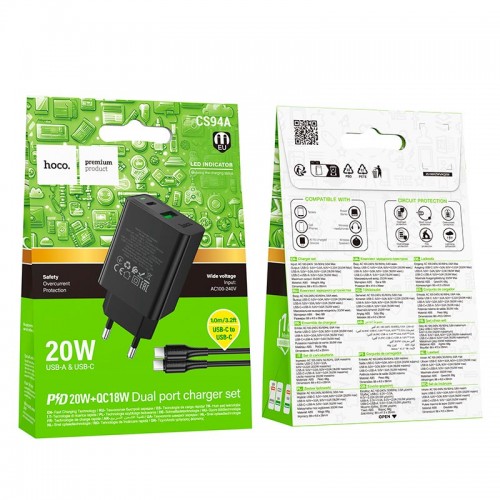 Адаптер мережевий HOCO C to C cable Leader charger set CS94A |1USB/1Type-C, PD/QC, 20W/3A| black